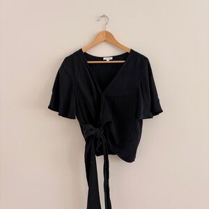 VETTA Black Wrap Tie Flutter Sleeve Blouse